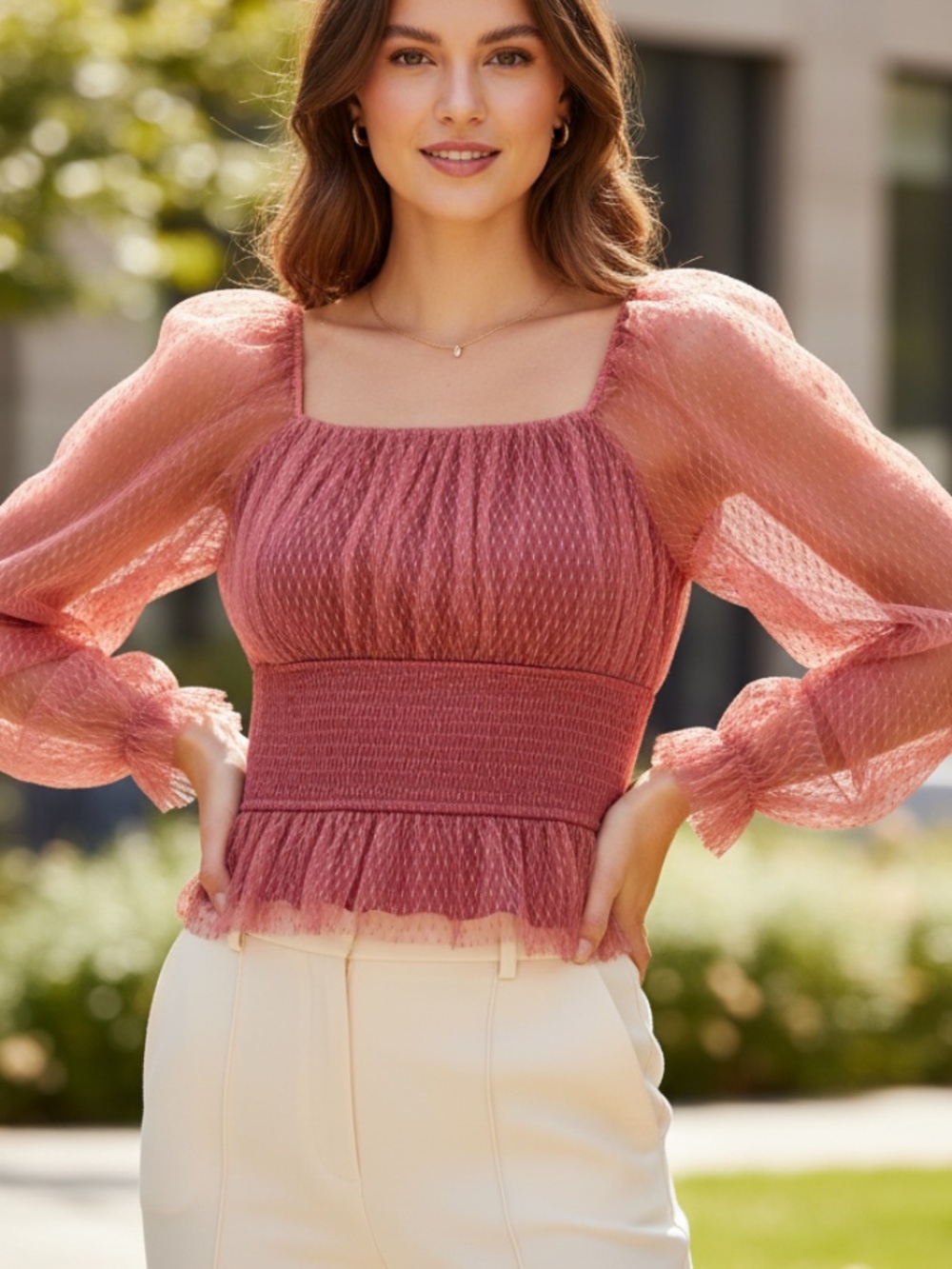 NWT anthropology burgundy red mesh smocked puff sleeve blouse lg